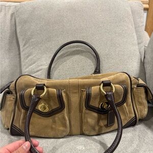 Coach Tan Suede Shoulder Bag with Dark Brown Trim